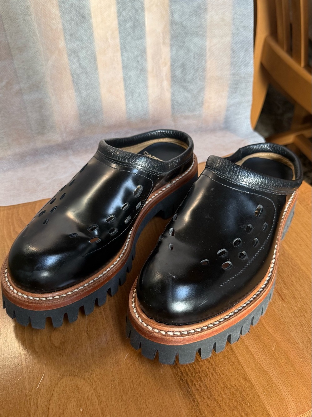 Black Leather Clog Mules with Lug Sole - Unbranded